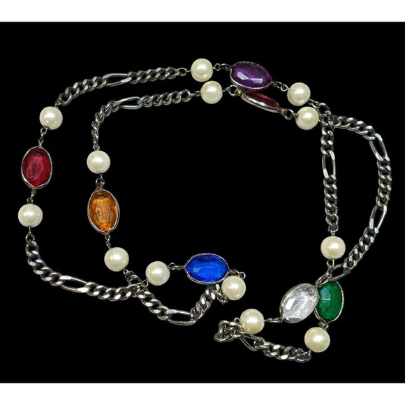 Vintage Faux Pearl And Rainbow Gem Station Necklace On Silver Tone Figaro Chain - Picture 1 of 5